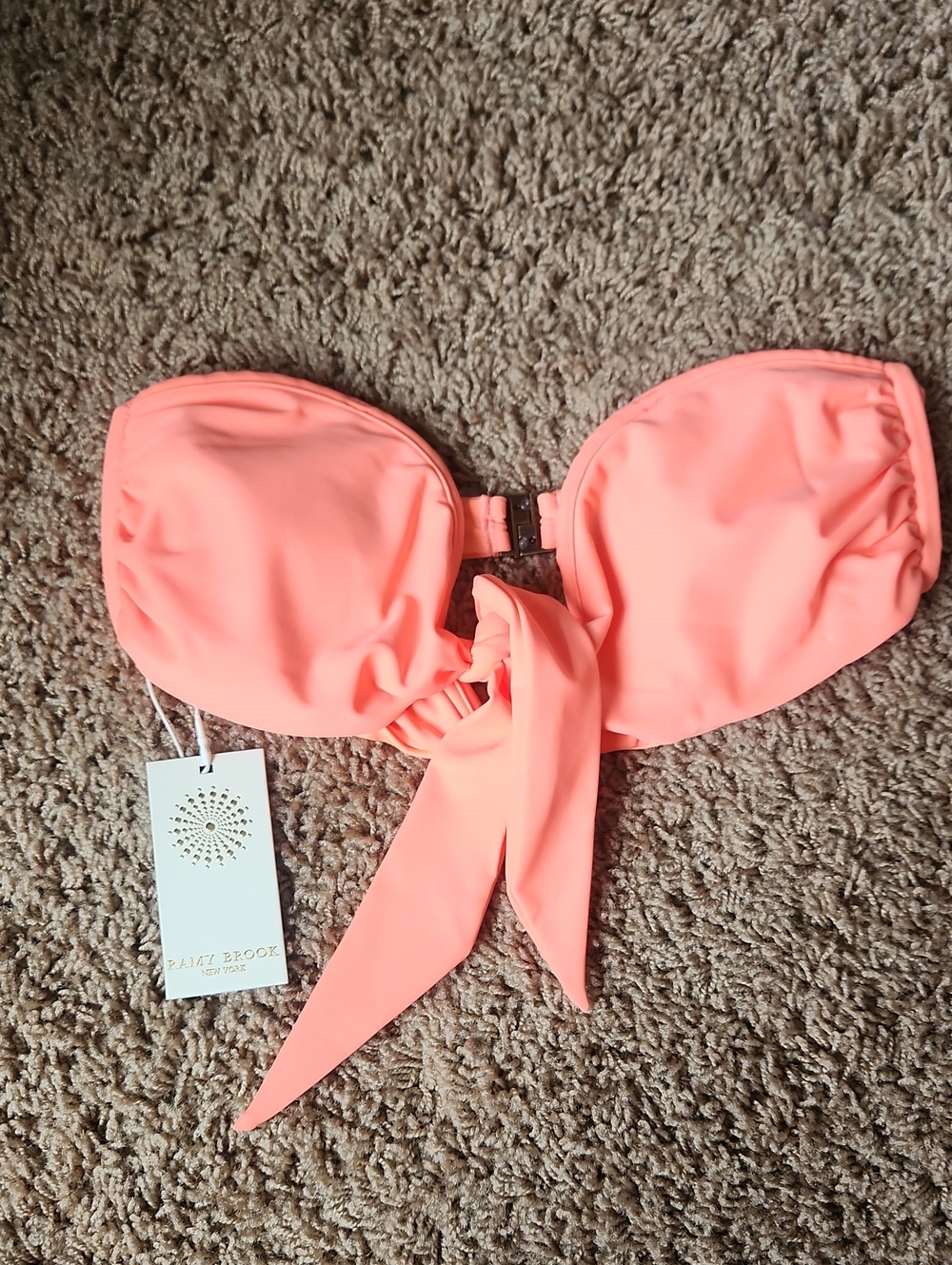 Ramy Brook Coral-Orange Strapless Tie Front Bikini Top